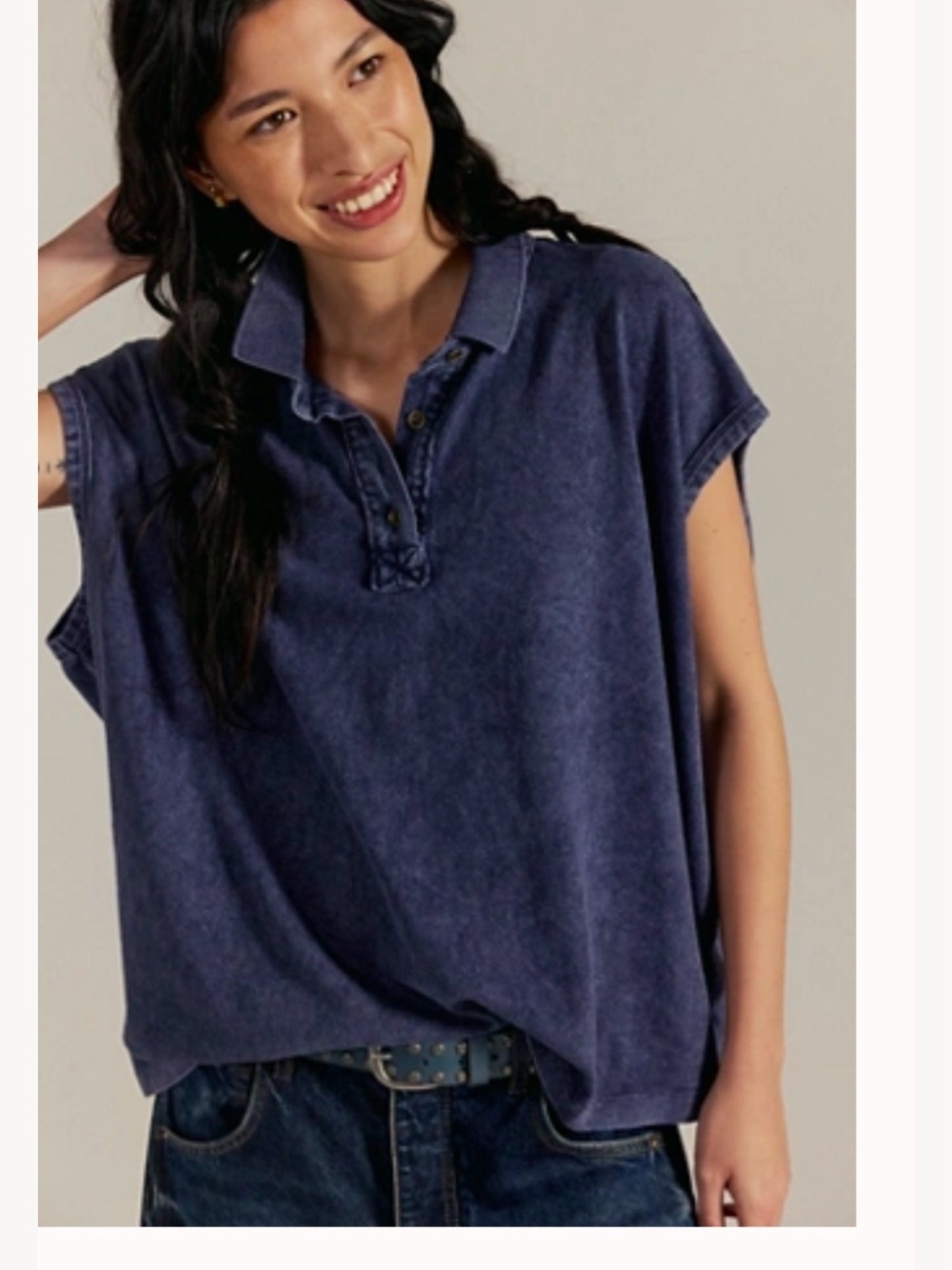 Free People Washed Navy Button-Down Polo Shirt